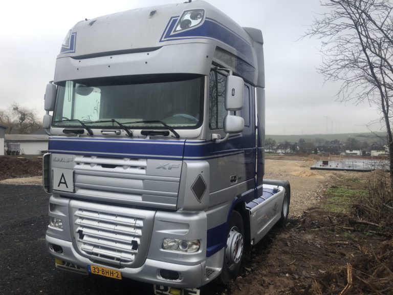 silver DAF XF rental truck